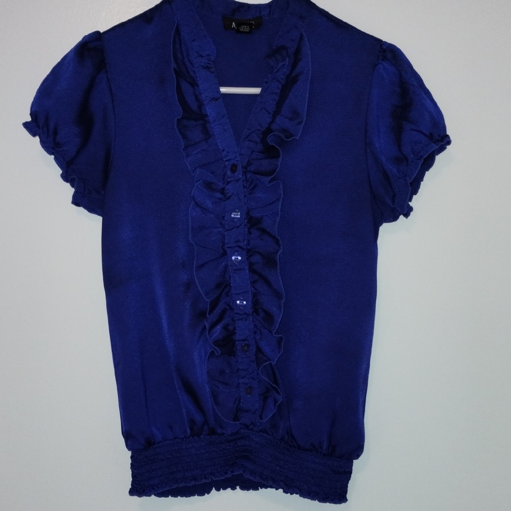 A. Byer Blue Ruffled Short Sleeve Blouse